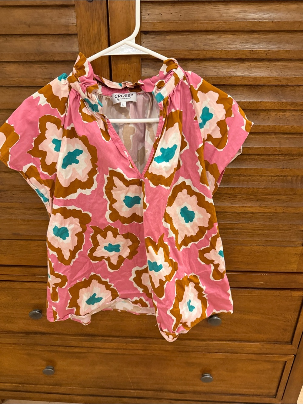 crosby. Pink Floral Short Sleeve V-Neck Top with Turquoise Accents